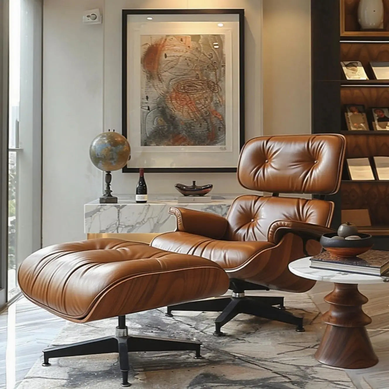 Mid Century Chaise Lounge Chair with Ottoman, Top Black Grain Leather,Modern Office Chair Classic Design,Heavy Duty Base Support