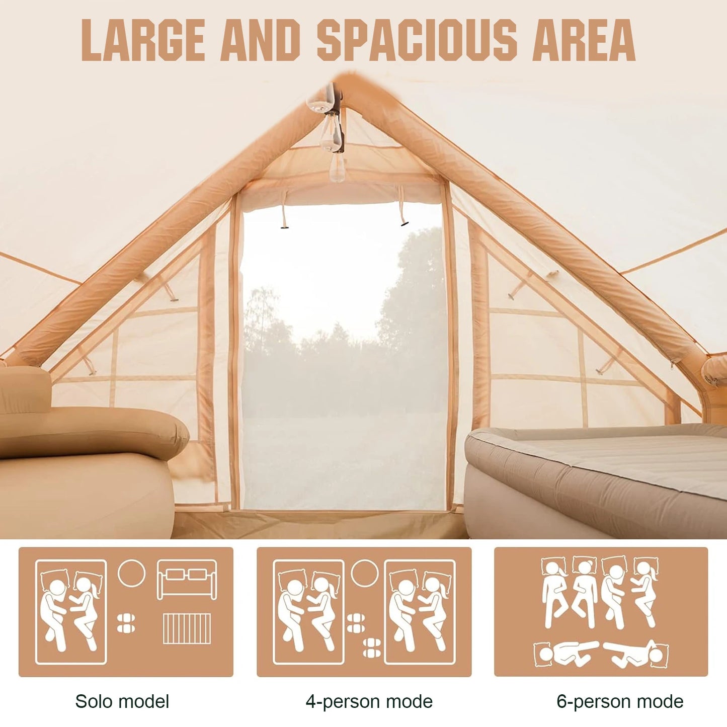 Inflatable Tent with Hand Pump Portable Glamping Tent Breathable Air Family Tunnel Tent Oxford Fabric for 4-6 People