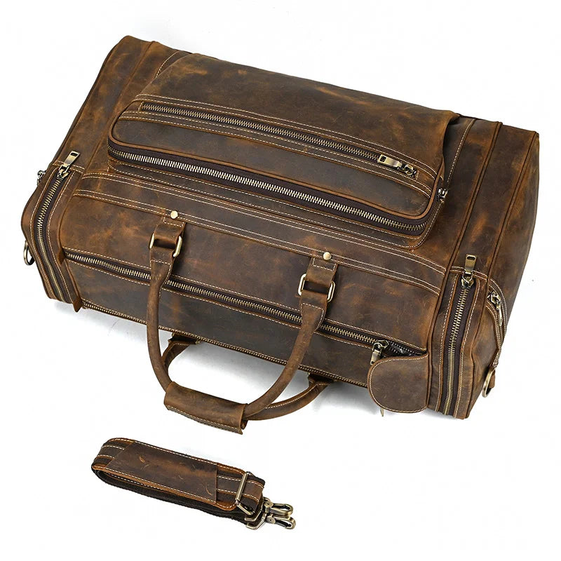 Exlarge Mens Crazy Horse leather Weekend Bag 22" Genuine Leather Travel Duffle Large Vintage Cowhide Zipper Bag Luggage Tote Bag