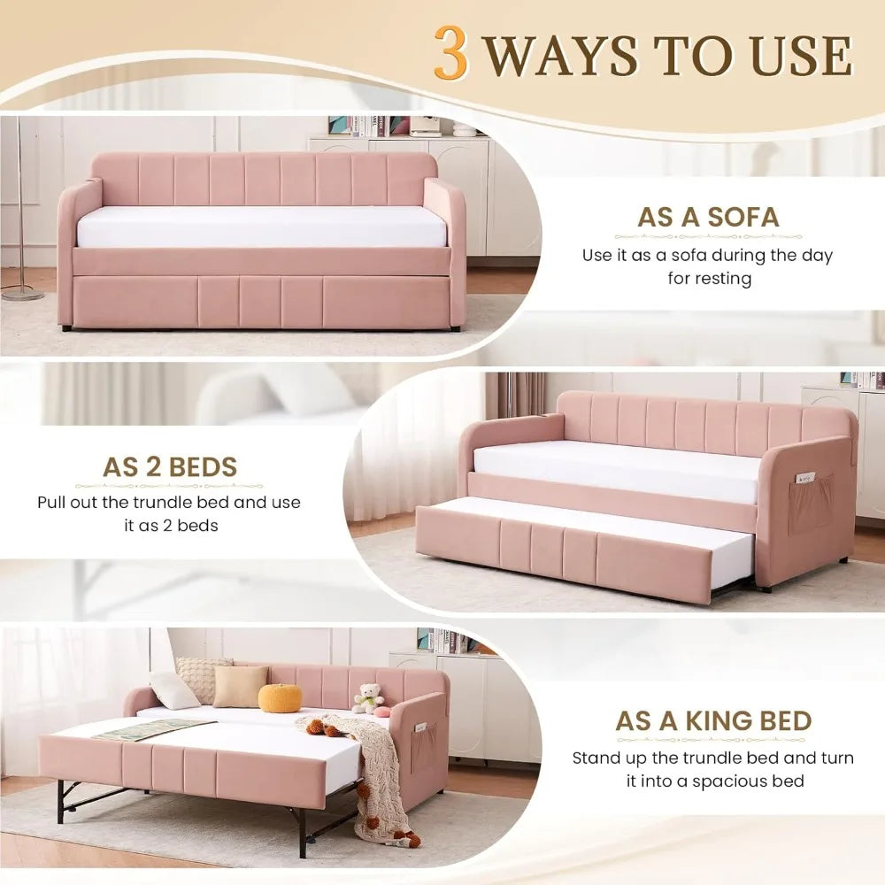 Twin Size Daybed with Pop Up Trundle Bed,Velvet Twin to King Size Day Bed Frame with USB Ports&Side Pockets,Upholstered Extendab