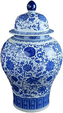 Vintage Blue & White Floral Porcelain Ginger Jar, Large Qing Dynasty-Style Vase with Dragon Motif