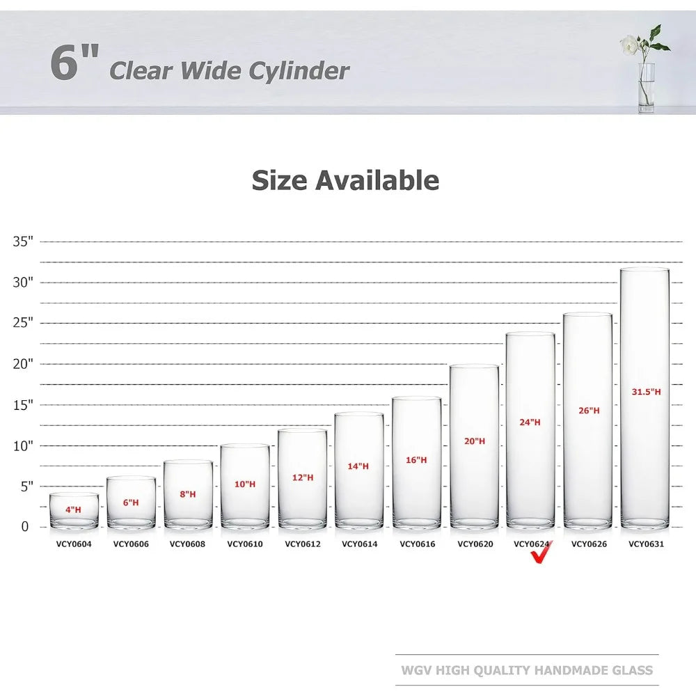 Clear Glass Cylinder Vase, 6 Wide and 24 Tall, Ideal for Wedding Centerpieces, Party Events, and Tall Candle Holders