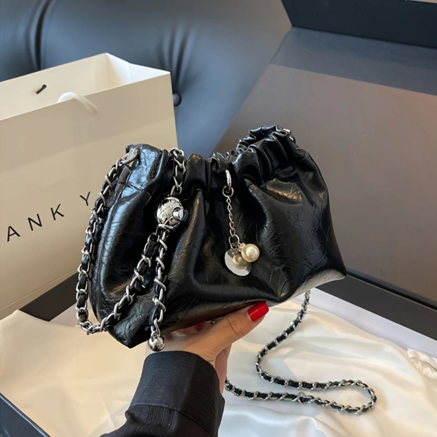 Black PU Leather Chain Crossbody Purse with Faux Pearl Charm for Women, Versatile Walking Bag