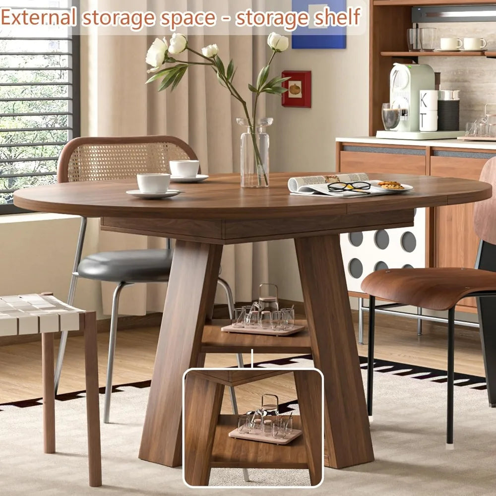 43.3in-59in Extendable Round Dining Table for 4-8,Modern Kitchen Oval Dining Table with Removable Leaves Space Saving, (Walnut)
