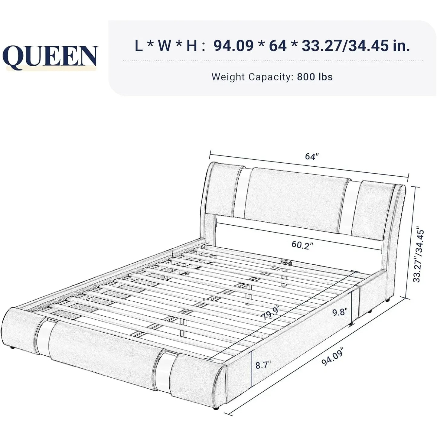 Queen size bed frame with iron sheet decoration, artificial leather cushioned platform bed with adjustable headboard, black