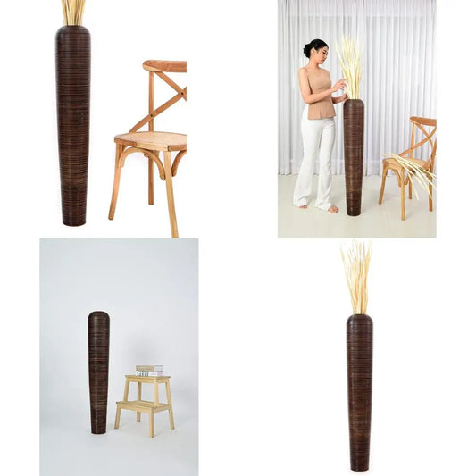 Elegant Large Brown Wooden Floor Vase - 41 Inch Tall for Home Decor, Ideal for Displaying Artificial Plants and Pampas Grass