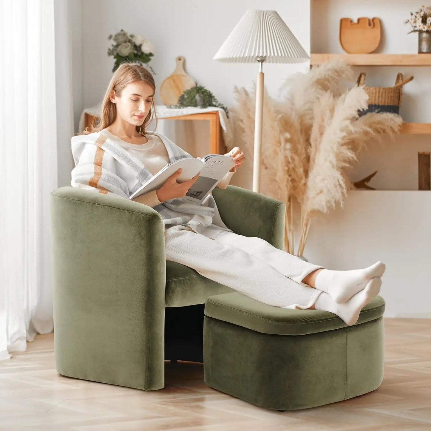 Green Velvet Barrel Chair with Storage Ottoman, Modern Accent Chair for Living Room