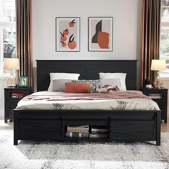 JXQTLINGMU Farmhouse Wood Bed Frame King Size with Sliding Barn Door Storage Cabinets and Headboard, Solid Wood Slats Support, N