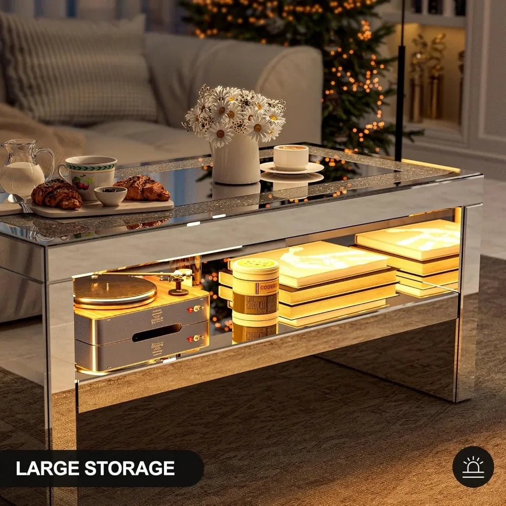 Mirrored Coffee Table with Mirror Crystal Board, Glass Rectangle End Table Coffee Tea Table with 2 Tier for Living Room Bedroom