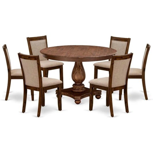 f2mz7-n04 7 piece dining room furniture set consist of a round dining table with pedestal and 6 light tan linen fabric upholste