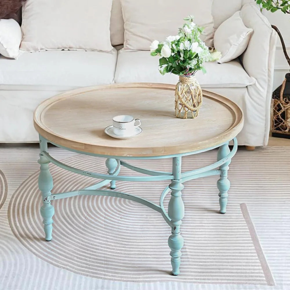 Rustic Farmhouse Round Coffee Table, French Country Vintage Center Table,φ31.5'' x18.9''H Rustic Solid Wood with Vintage Iron Le