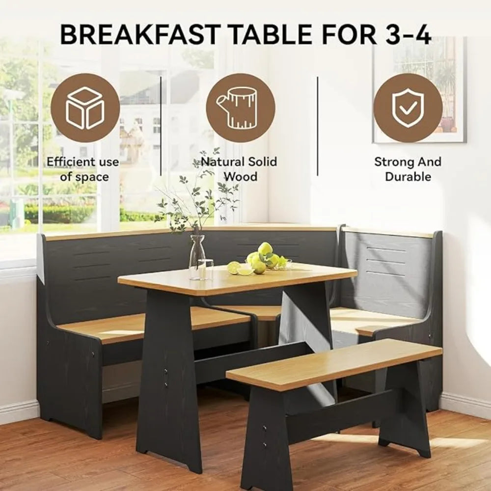 Breakfast Nook Corner Dining Table Kitchen Bench Chair Set, Space-Saving 3-5 People Seat Reversible L-Shape for Family Home Blac