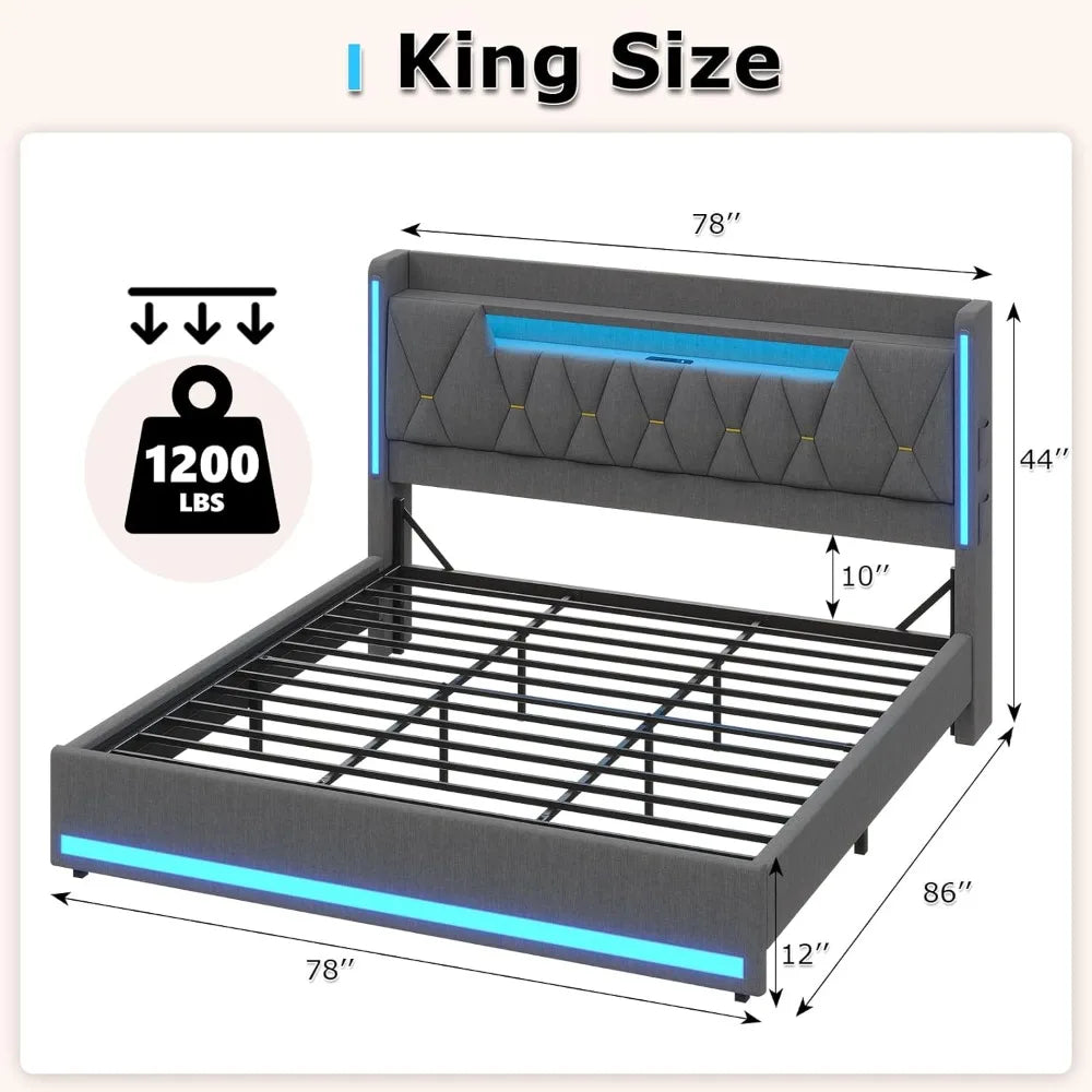 king size bed frame with marshmallow headboard and storage, king bed with led lights & charging station, upholstered platform ki