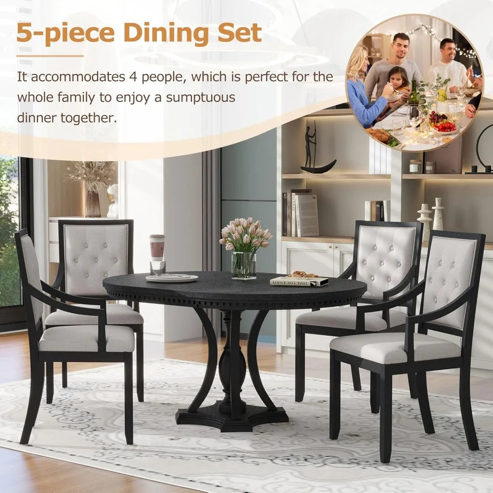 5 Pieces Dining Table Set Round Kitchen Extendable Dining Table with 4 Wood Chairs for Dining Room, Chair with Cushion, Bistro