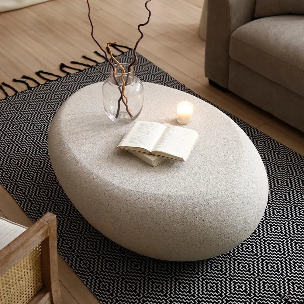 43.3" Oval Coffee Table with Grainy Matte Rocks Pattern, Modern Irregular Center Table,Drum Fiberglass Coffee Table Accent Side