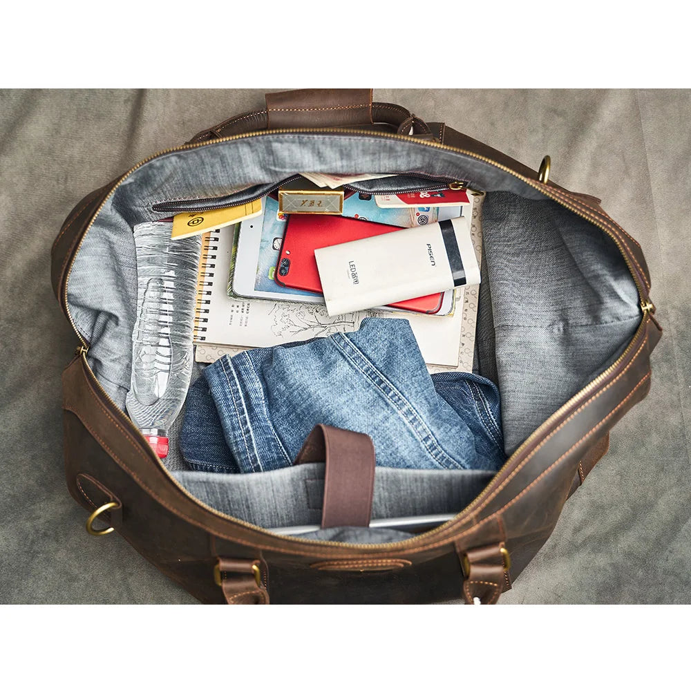 Customised Laser Engraving Crazy Horse Genuine Leather Men Travel Bag Real Leather Travel Duffel  Male Luuage Handbag Duffle