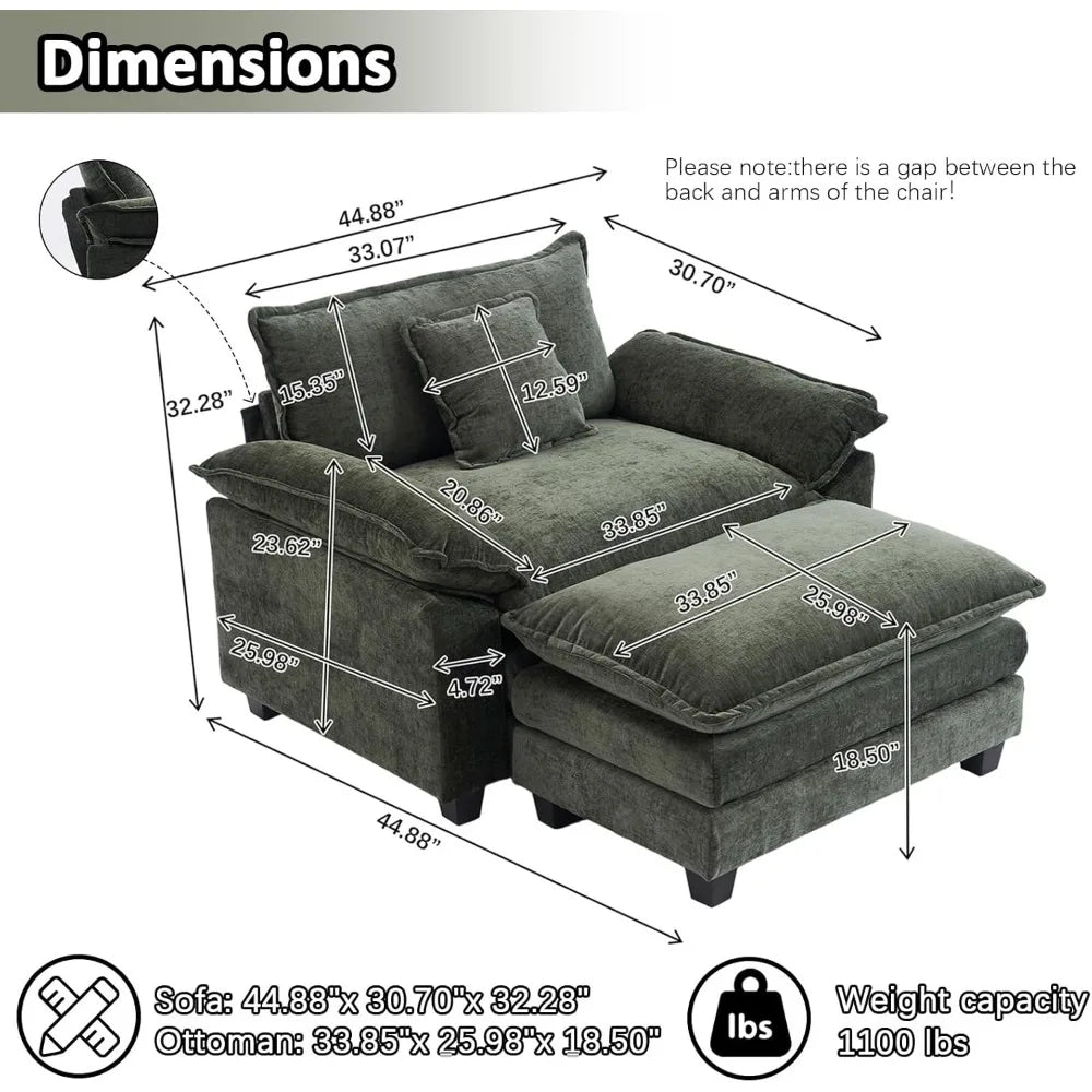 Oversized Accent Chair with Ottoman,Oversized Chaise Lounge Chair Indoor with Deep Seat，Reading Chair Comfy Chenille Sofa