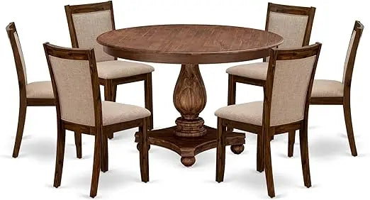 f2mz7-n04 7 piece dining room furniture set consist of a round dining table with pedestal and 6 light tan linen fabric upholste