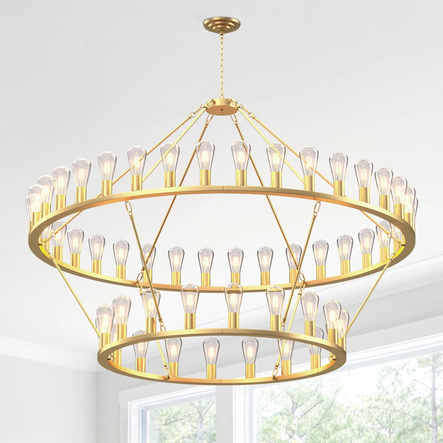 Gold Wagon Wheel Chandelier 60-Inch 54-Light,Extra Large Circle Rustic Farmhouse Light Fixture,Round Metal Chandeliers for Foyer