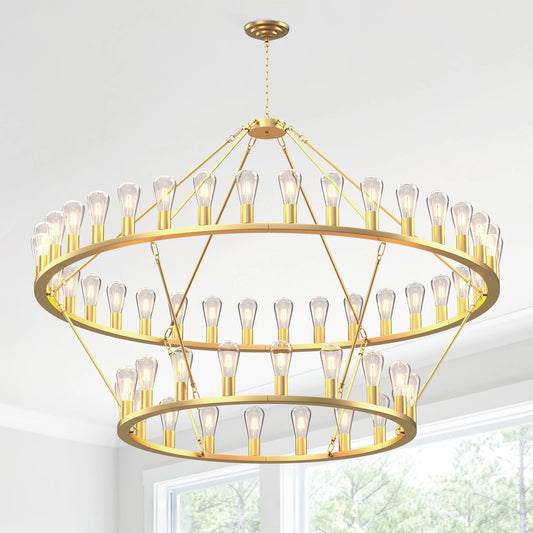 Gold Wagon Wheel Chandelier 60-Inch 54-Light,Extra Large Circle Rustic Farmhouse Light Fixture,Round Metal Chandeliers for Foyer