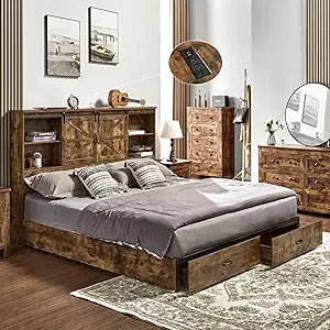 VanAcc Queen Size Bed Frame, Wooden Platform Storage Bed with 51.2" Bookcase Headboard, 2 Drawers, Charging Station/No Box Sprin