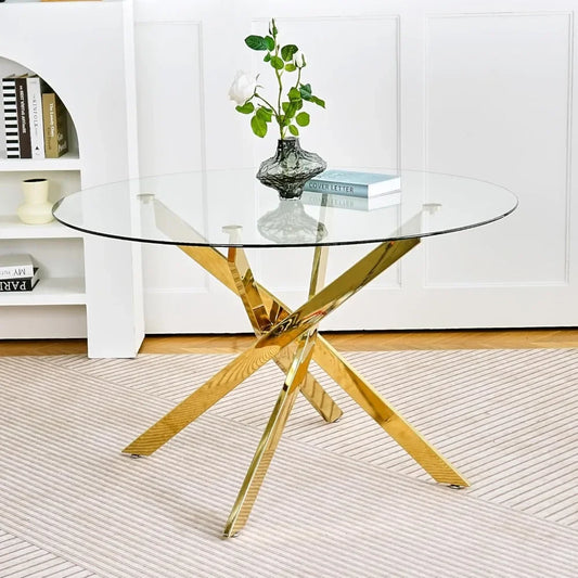 47 Inch round Glass Dining Table for 4 Clear Tempered Glass Top Gold Metal Legs Circle Dining Table