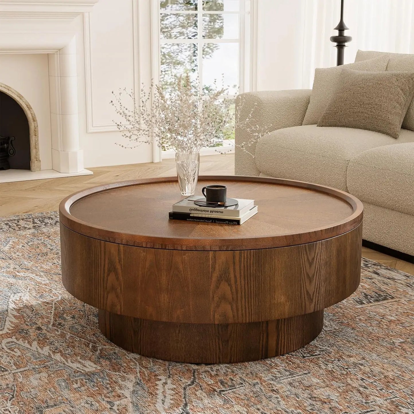 Mid-Century Modern Round Coffee Table with Hidden Storage, Solid Wood Veneer Center Table for Living Room