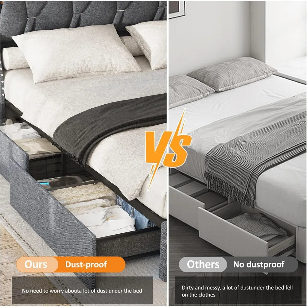 Maupvit Upholstered Queen Bed with 4 Underbed Storage Drawers, Headboard, Charging Port, and LED Lighting