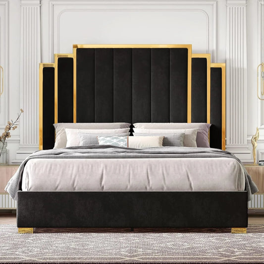 King Size Bed Frame and 65" Headboard, Upholstered Bed with Golden Plating Trim, Modern Platform Bed No Box Spring Needed, Black