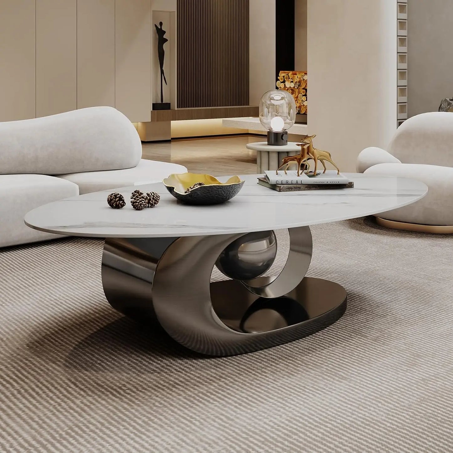 Modern Oval Stone Coffee Table with Gray Metal Base - Elegant Centerpiece for Stylish Living Rooms - 49.2" Lx27.6 Wx15.8 H