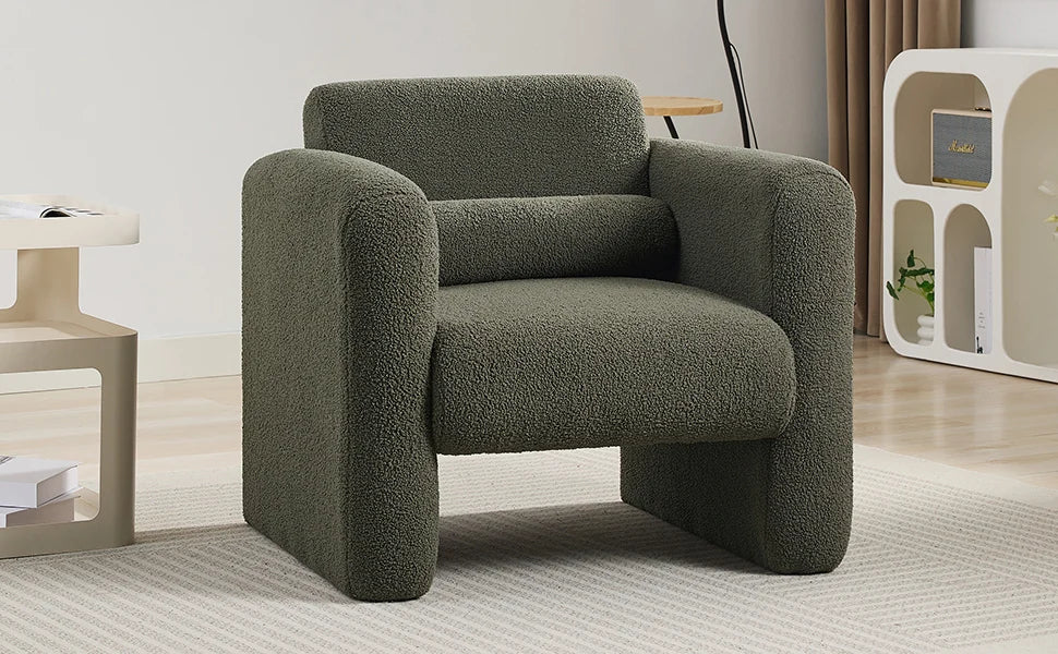 Modern Accent Chair Lambskin Sherpa Fabric Upholstered Comfy Reading Armchair with Pillow