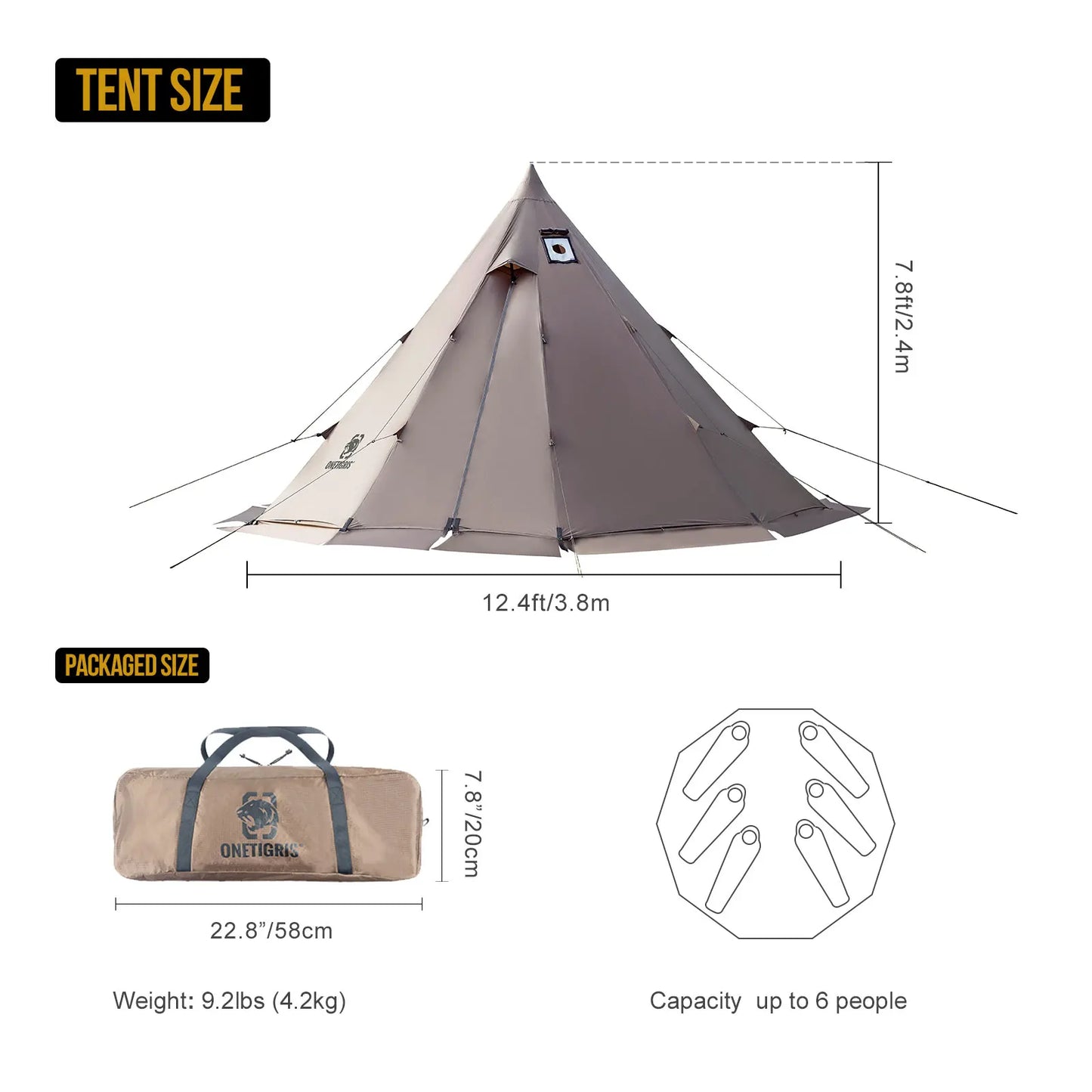 OneTigris Rock Fortress Hot Tent with Stove Jack Pyramid Tent 4 Season 4-6 Person Tipi for Camping Backpacking Fishing Hicking