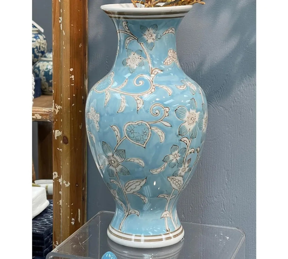 Hand Painted Blue White Floral Ceramic Vase 14" Antique Porcelain Flower Bottle Home Decor Centerpiece Gift