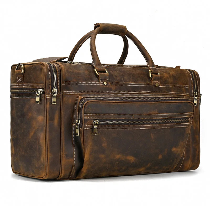 Exlarge Mens Crazy Horse leather Weekend Bag 22" Genuine Leather Travel Duffle Large Vintage Cowhide Zipper Bag Luggage Tote Bag