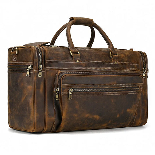 Exlarge Mens Crazy Horse leather Weekend Bag 22" Genuine Leather Travel Duffle Large Vintage Cowhide Zipper Bag Luggage Tote Bag
