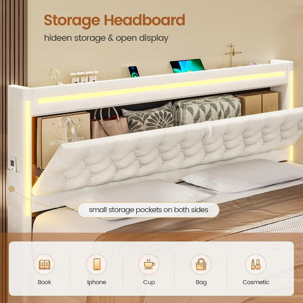Upholstered LED Bed Frame King Size with 3 Storage Drawers, Hidden Storage Headboard with Charging Station, Velvet Button Tufted