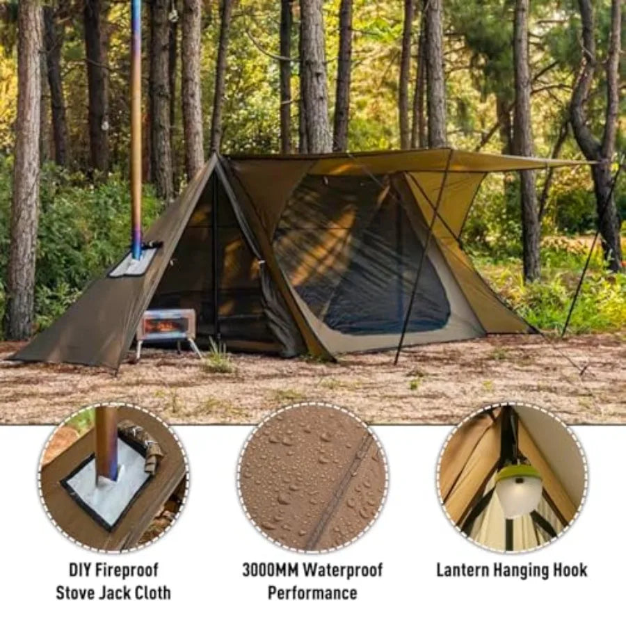 Hot Tent Bushcraft Tent STOVEHUT 20 2.0 Ultralight Shelter with 4 Poles for 12 Person Camping Backpacking Brown