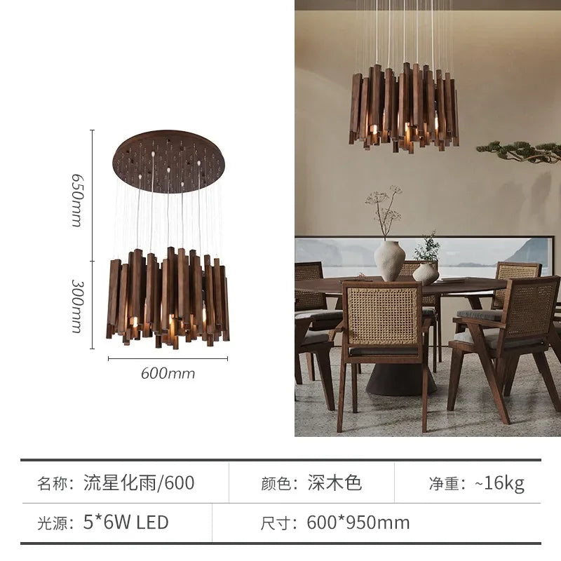 New Chinese Restaurant Chandelier Solid Wood Hanging Lamps E27 Retro Japanese Room Decor Lighting for Living Room Loft  Lustres