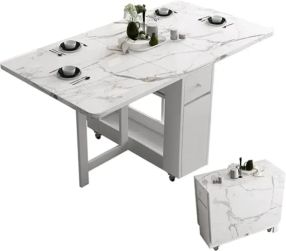 Space-Saving Extendable Folding Dining Table with Storage Rack and Drawers, White