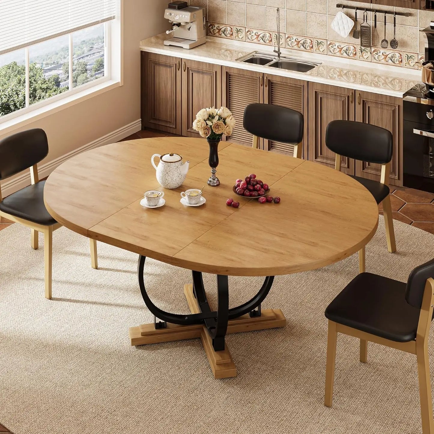 59'' Extendable Round Dining Table for 4 to 6, Kitchen Table with Sturdy X-Base Metal Legs, MDF Board with Backboard Clasp, Expa