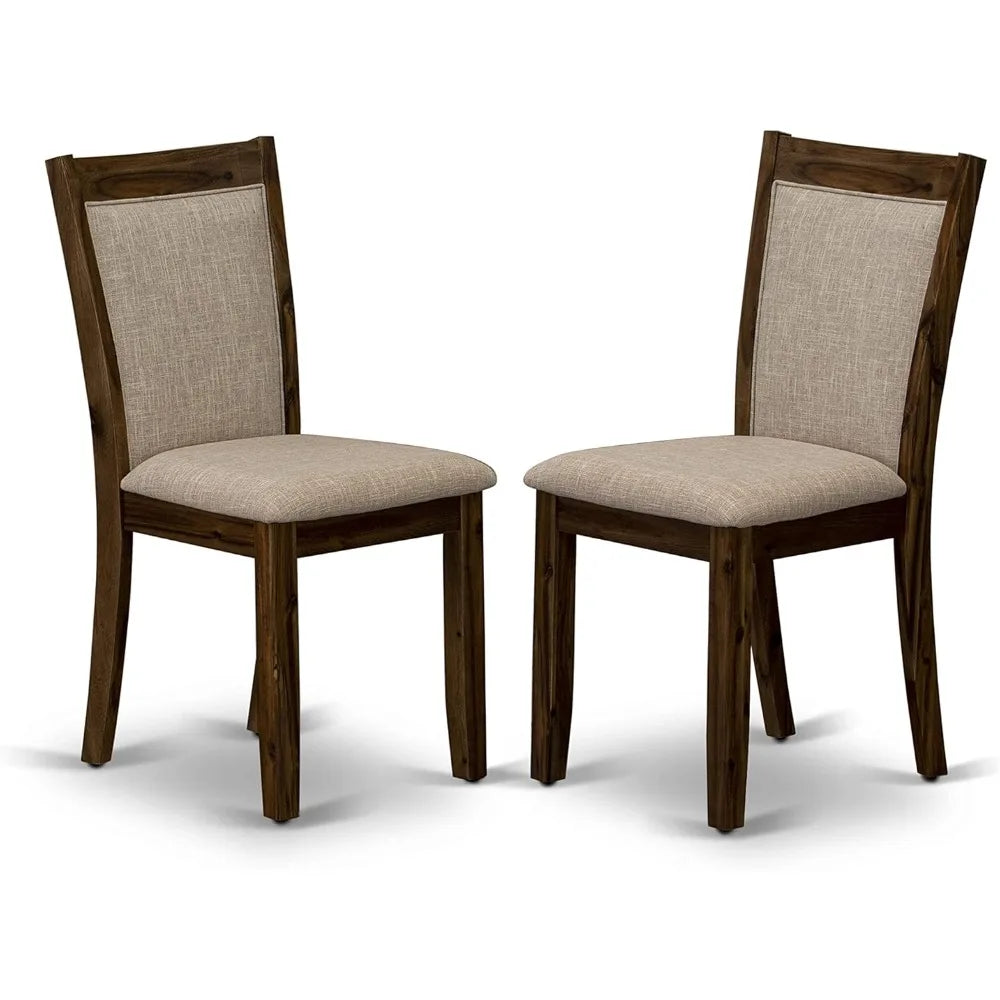 f2mz7-n04 7 piece dining room furniture set consist of a round dining table with pedestal and 6 light tan linen fabric upholste
