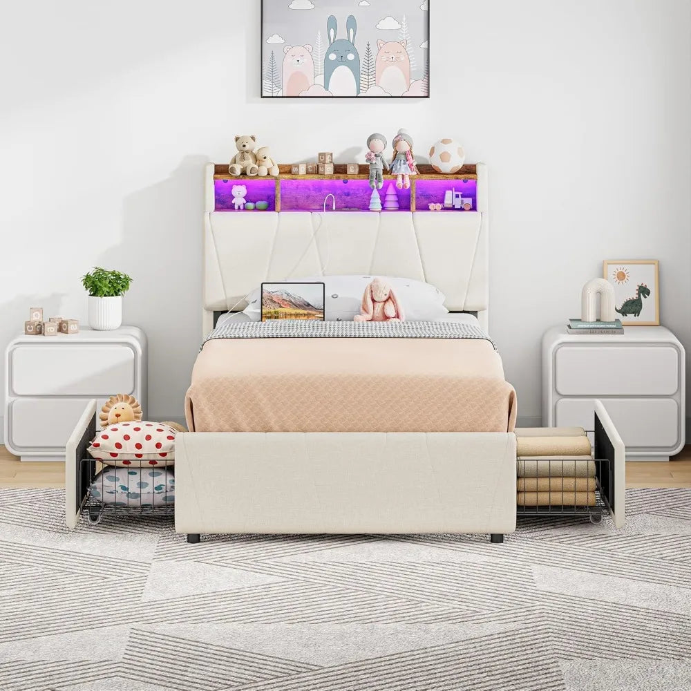 Upholstered Twin Bed Frame with Storage Drawers, Charging Station, LED Lights, and Storage Headboard