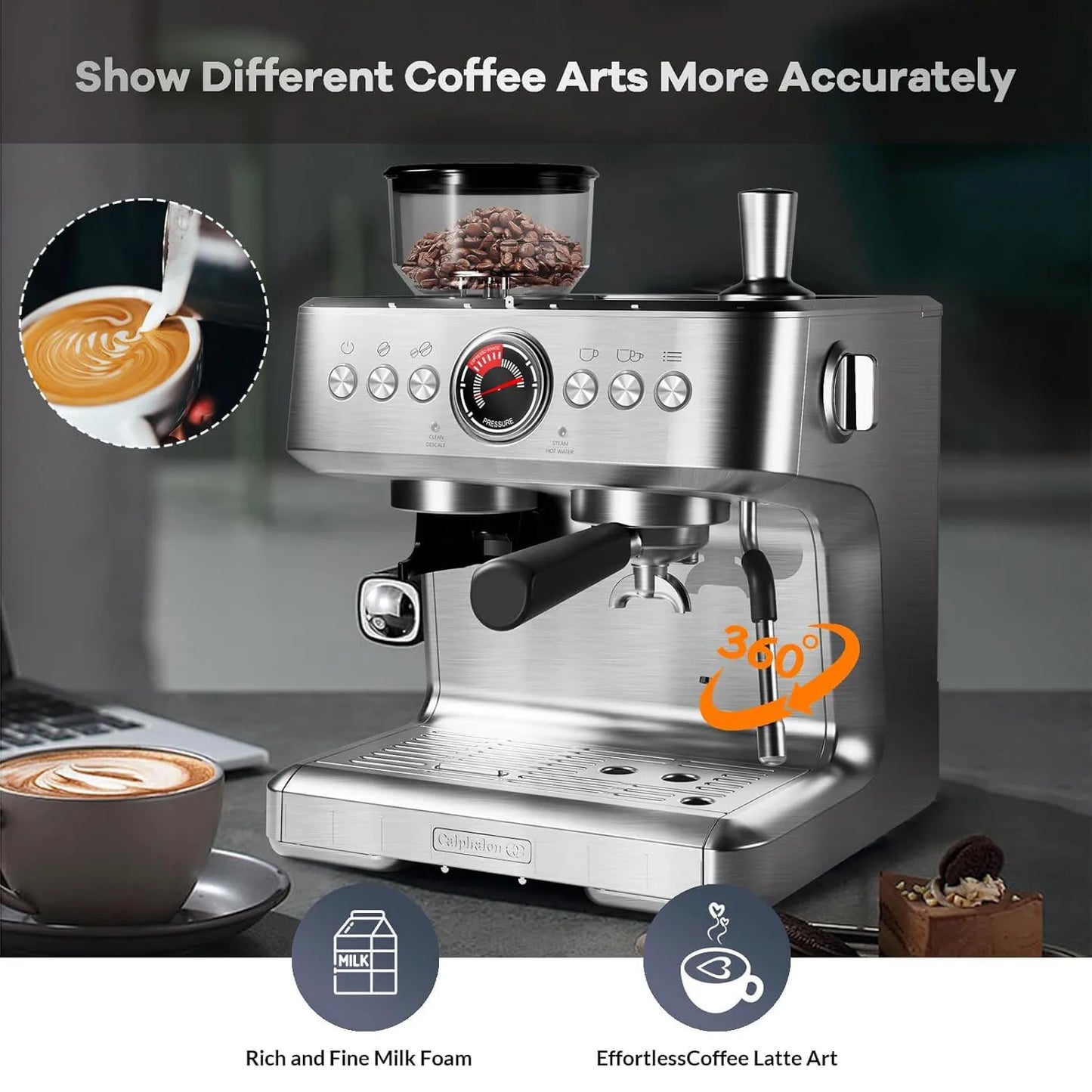 Espresso Coffee Maker with Milk Frother & 95 oz Removable Water Tank Espresso Machines with grinder for Latte and Cappuccino
