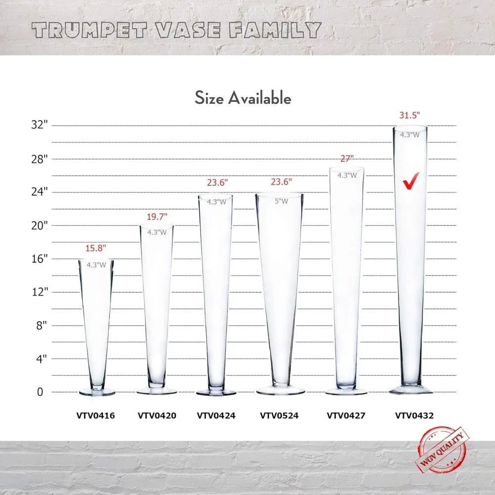Bulk Clear Glass Trumpet Vases, Open 5, Height 31.5, Multiple Sizes, Tall Pilsner Floral Planter Container Centerpiece Options