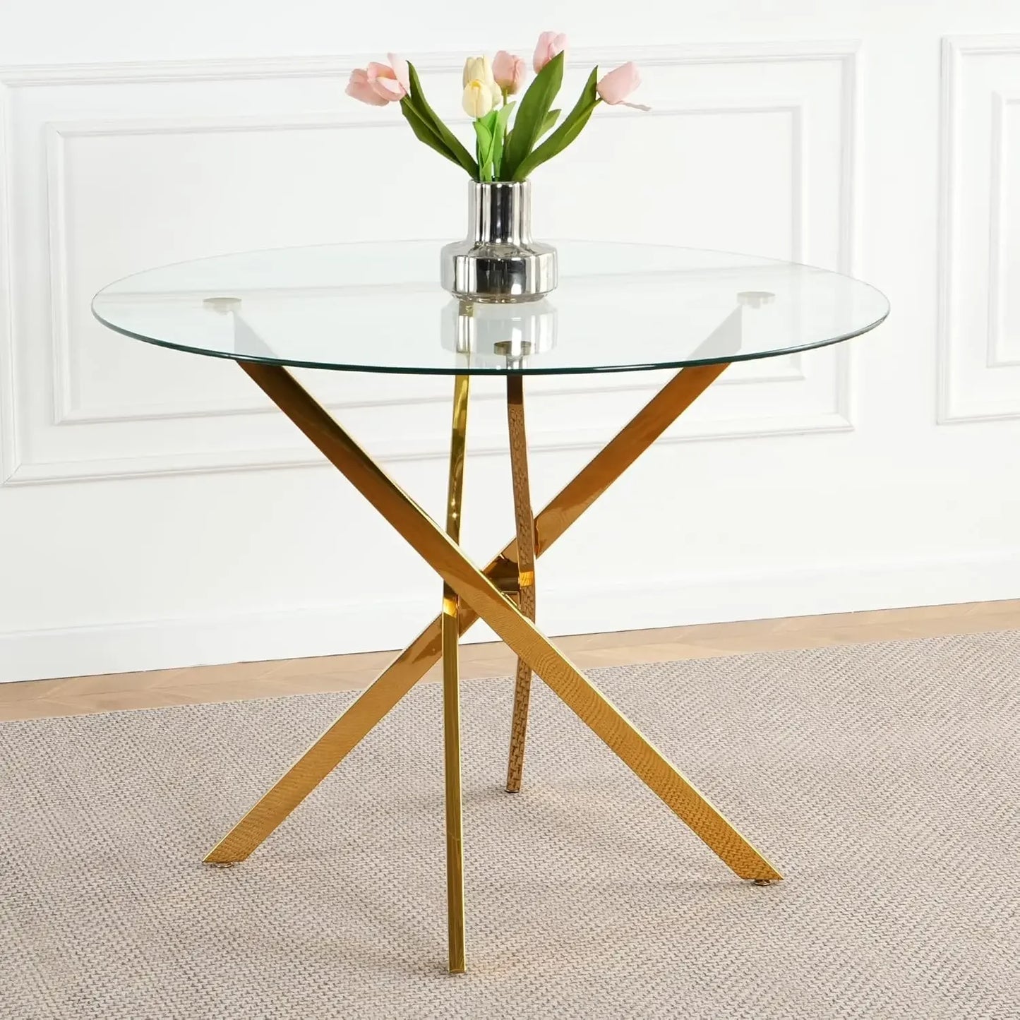 47 Inch round Glass Dining Table for 4 Clear Tempered Glass Top Gold Metal Legs Circle Dining Table