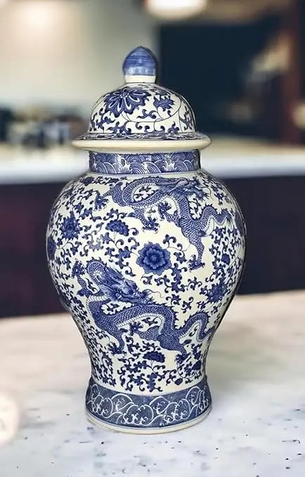Vintage Blue & White Floral Porcelain Ginger Jar, Large Qing Dynasty-Style Vase with Dragon Motif