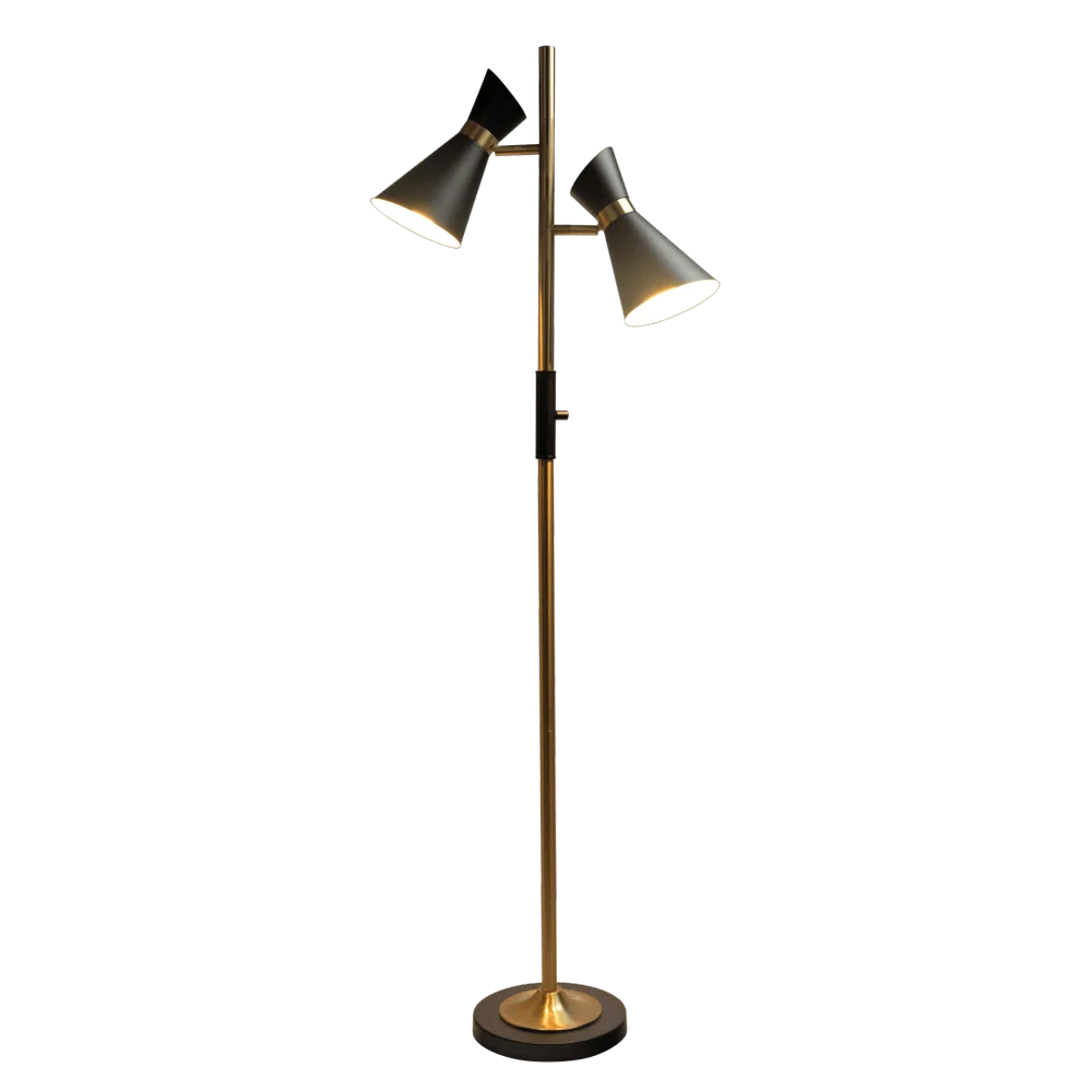 Axis Brassed Gold Floor Lamp 4-Way Switch Double Spots Metal Base Illuminate Your Space with The Axis Brassed Gold Floor Lamp