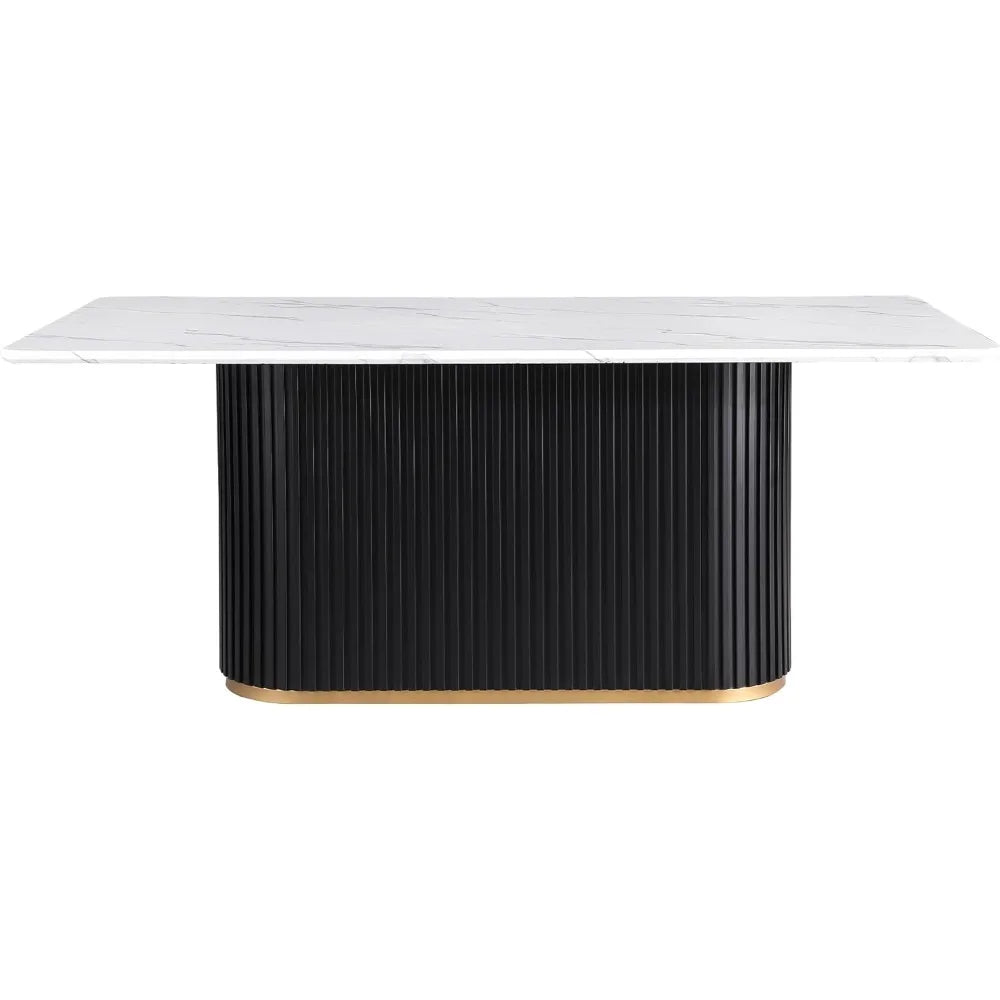 Modern Dining Table for 6, 70 Faux Marble Dining Table with Black Fluted Base and White Rectangle Top for Ktichen