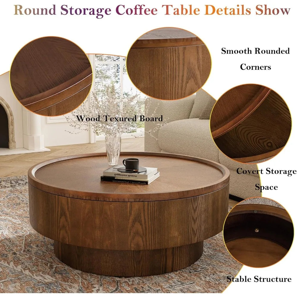 Mid-Century Modern Round Coffee Table with Hidden Storage, Solid Wood Veneer Center Table for Living Room