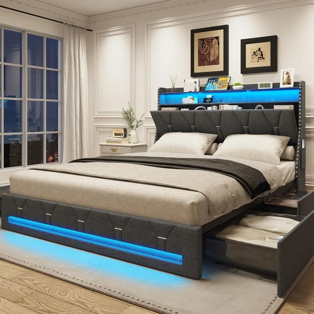 Maupvit Upholstered Queen Bed with 4 Underbed Storage Drawers, Headboard, Charging Port, and LED Lighting
